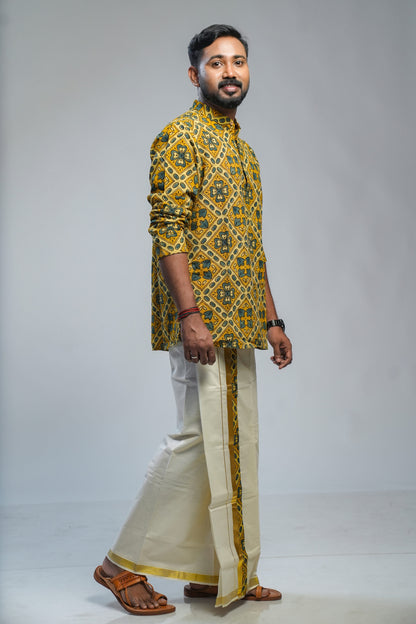 Yellow Ajrak Geometric Design Kurta