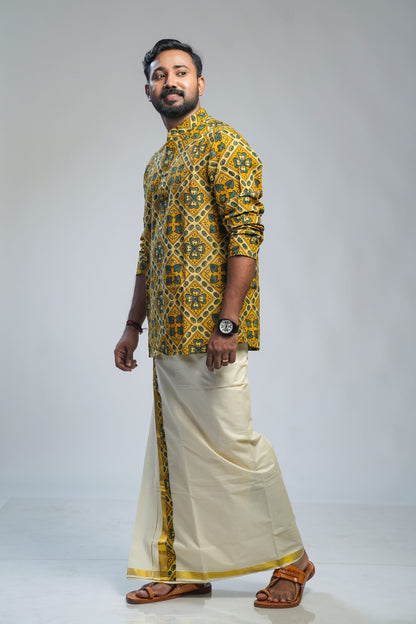 Yellow Ajrak Geometric Design Kurta