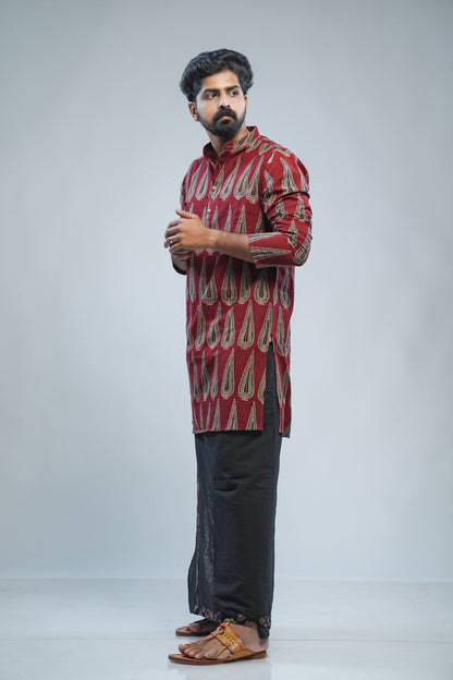 Red Ajrak Long Kurta with Blue Leaf Print