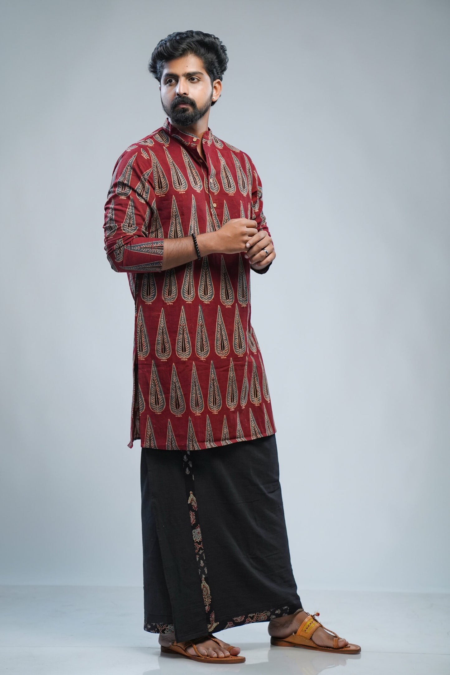 Red Ajrak Long Kurta with Blue Leaf Print