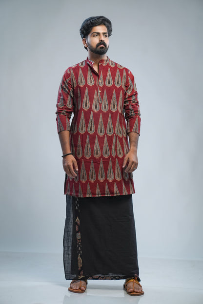 Red Ajrak Long Kurta with Blue Leaf Print