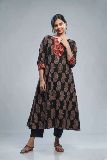 Black Ajrakh Paisley Printed A-Line Kurti