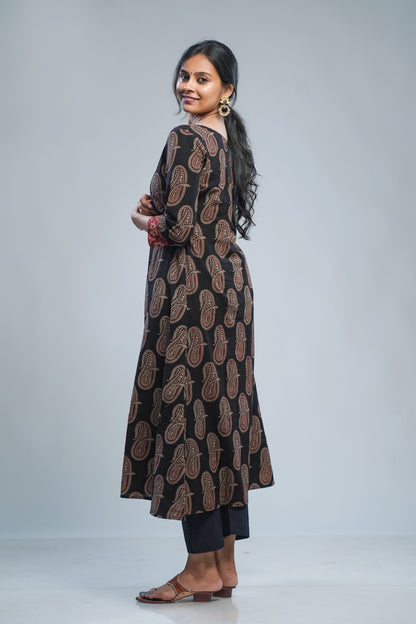 Black Ajrakh Paisley Printed A-Line Kurti