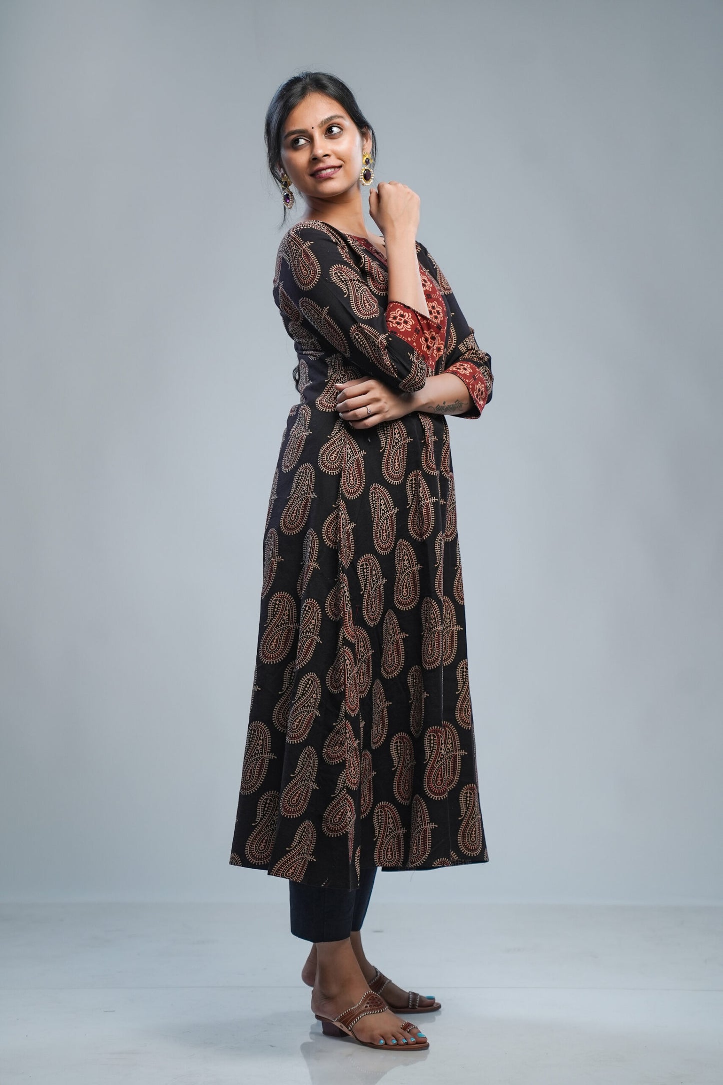 Black Ajrakh Paisley Printed A-Line Kurti