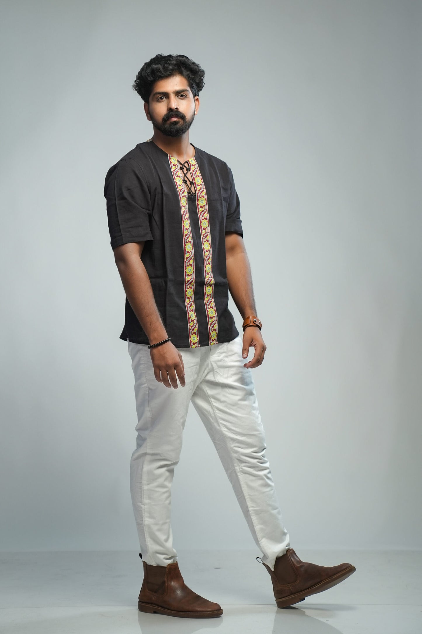 Black Short Kurta with Ajrakh Border