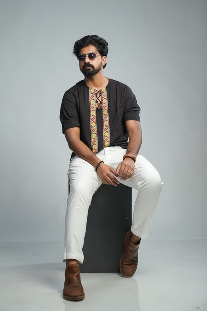 Black Short Kurta with Ajrakh Border