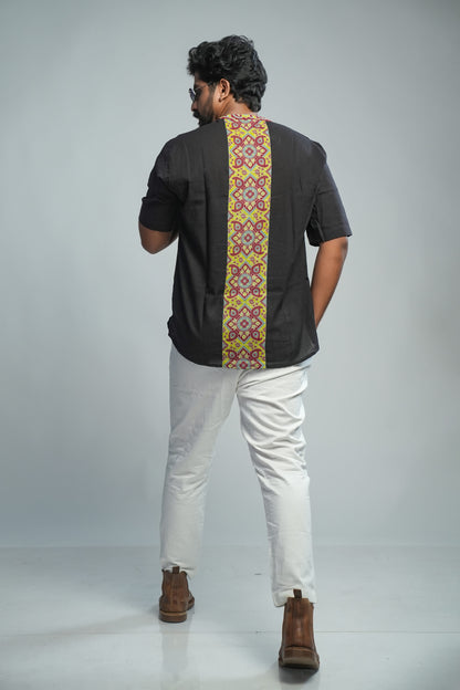 Black Short Kurta with Ajrakh Border