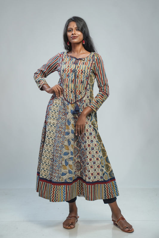 Beige Ajrakh Anarkali with Patch Yoke