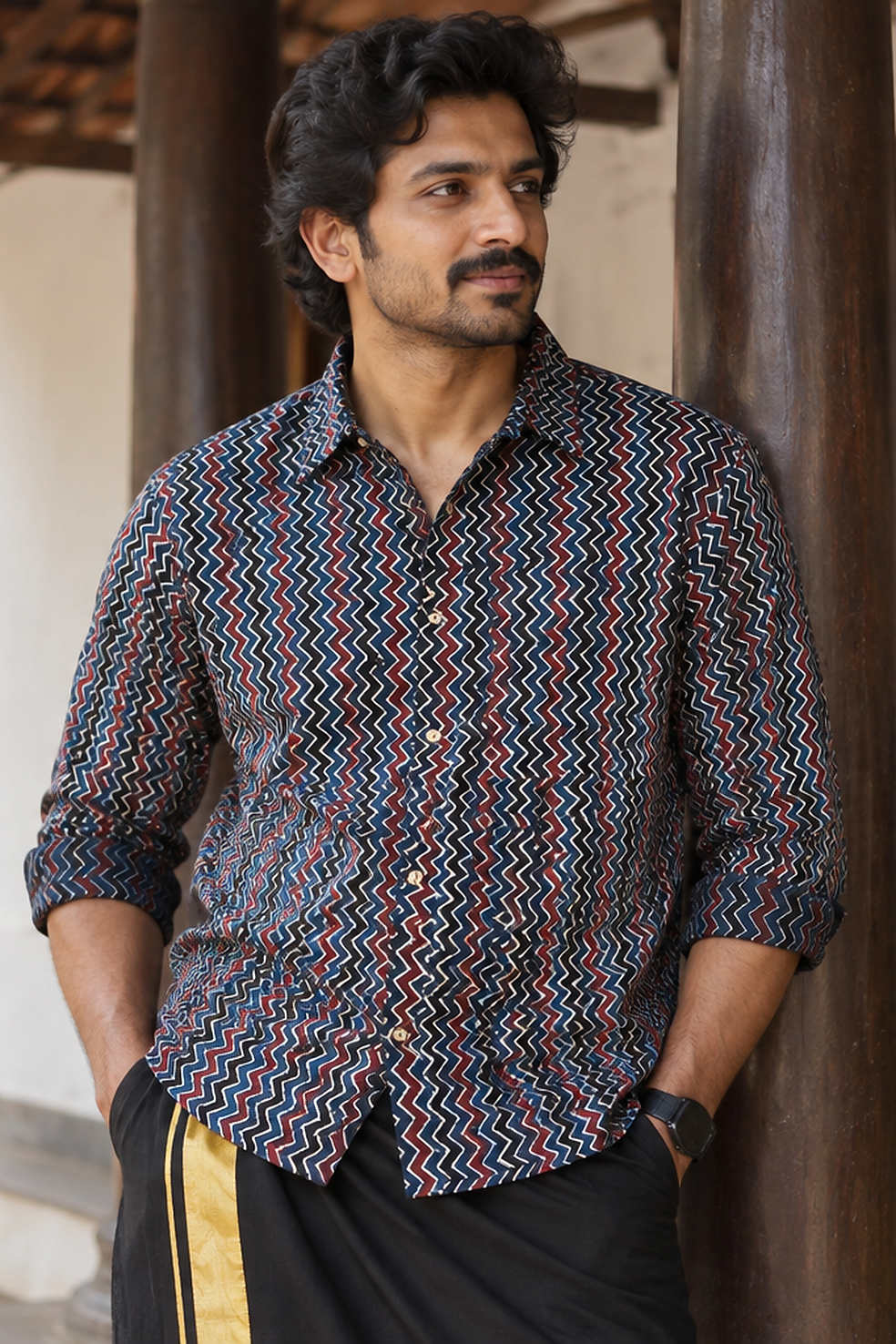 Ajrakh Printed Blue Zigzag FS Shirt