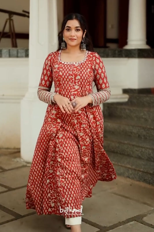 Red Kalamkari Full sleeve Anarkali with Mirror Yoke