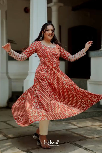 Red Kalamkari Full sleeve Anarkali with Mirror Yoke