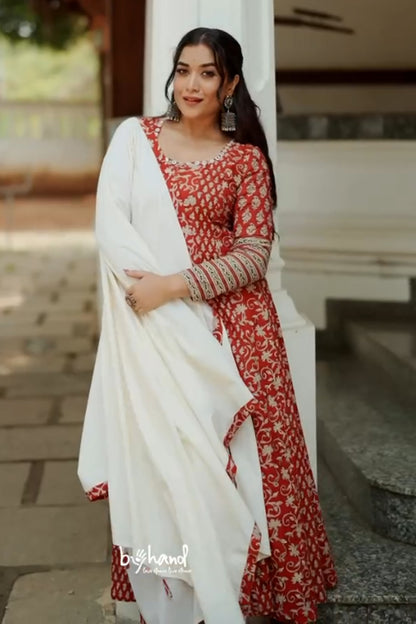 Red Kalamkari Full sleeve Anarkali with Mirror Yoke