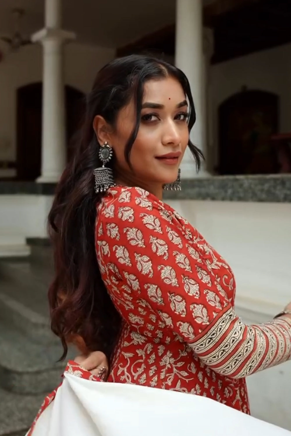 Red Kalamkari Full sleeve Anarkali with Mirror Yoke