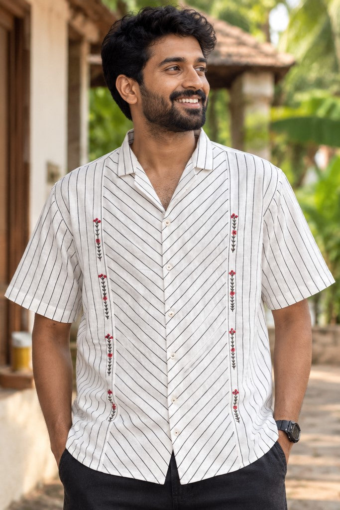 White Embroidery Shirt with Stripes