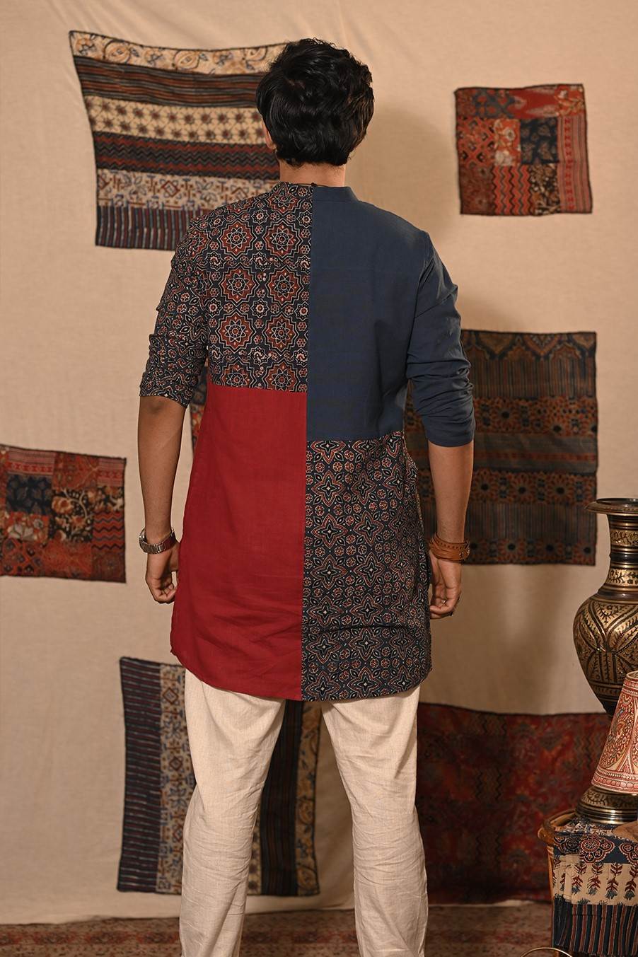 Blue Red Plain & Patch Kurta