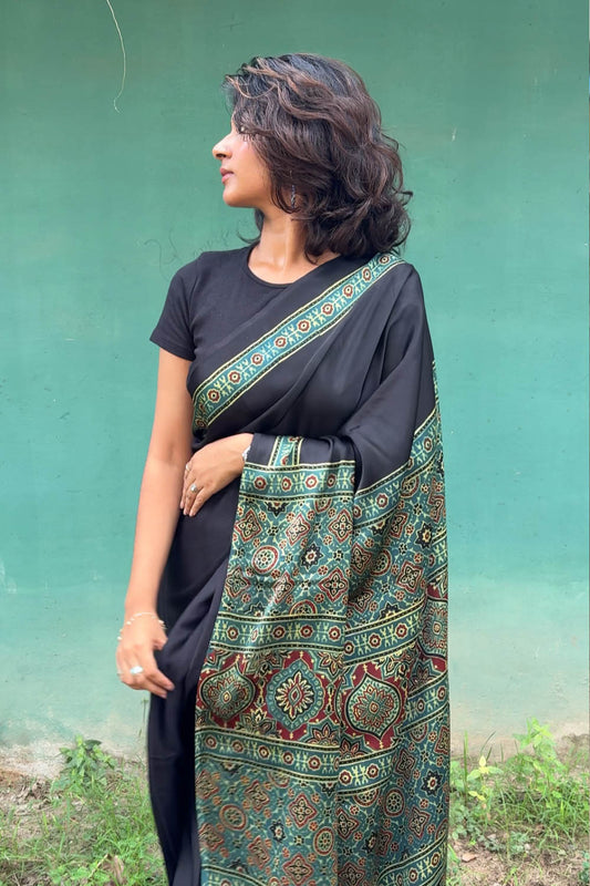 Modal silk Plain Black Body and green Ajrkh Printed Saree