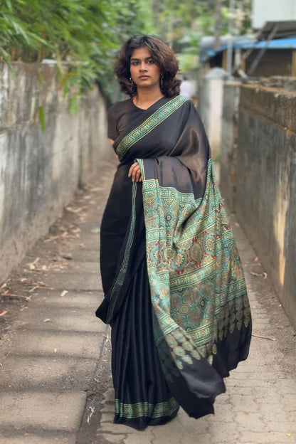 Modal silk Plain Black Body and green Ajrkh Printed Saree