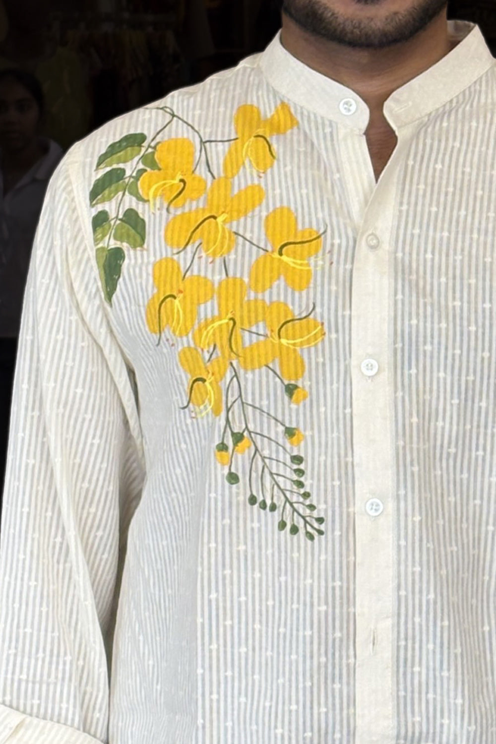 Offwhite Full Sleeve Chinese Collar Shirt with Kanikonna Handpainted