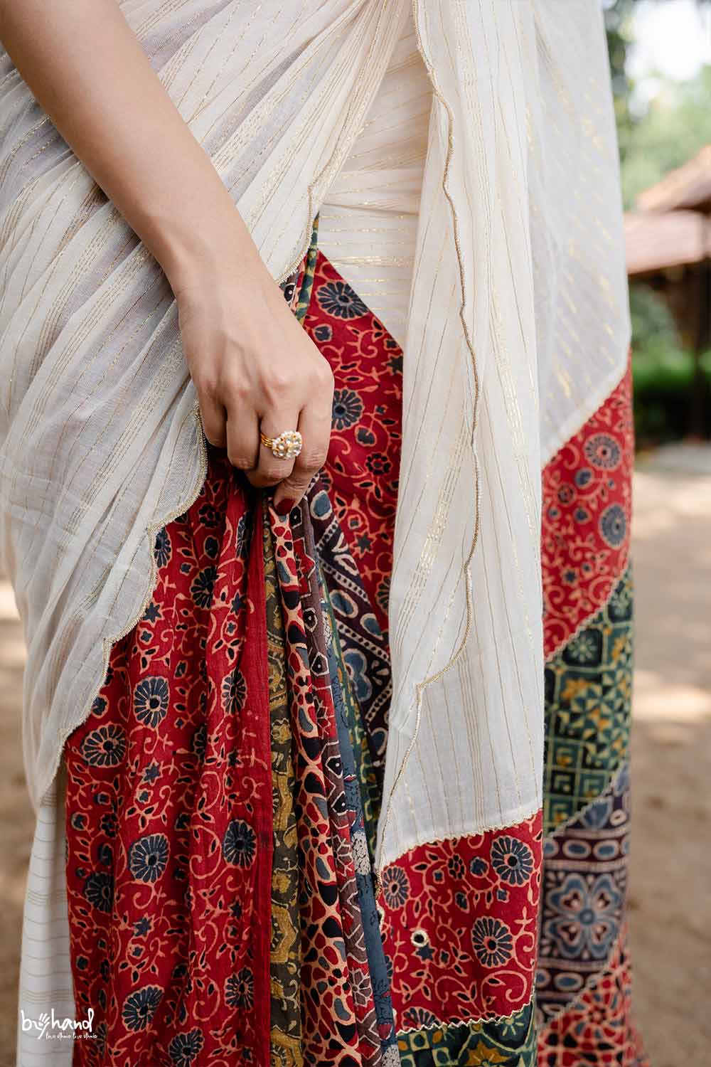 Off White Scallop Saree with Ajrakh Multi Patch