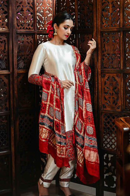 Maroon Ajrakh Modal Dupatta with Golden Zari Checks