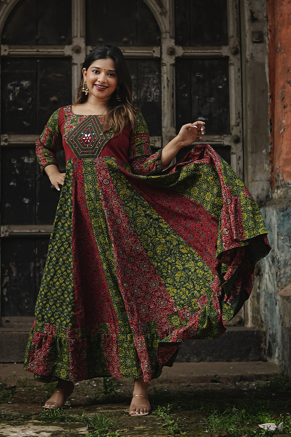 Red & Green Ajrakh Patch Anarkali with Diamond Yoke