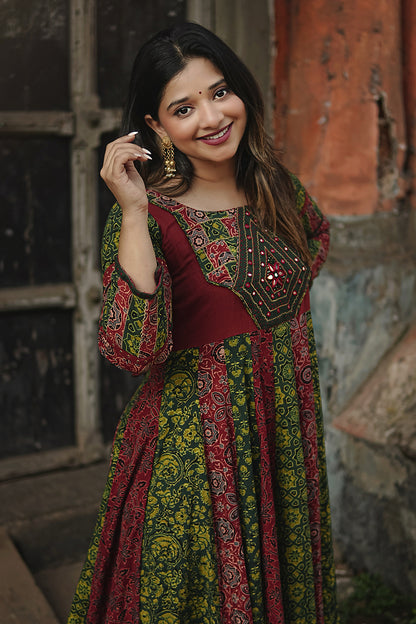 Red & Green Ajrakh Patch Anarkali with Diamond Yoke