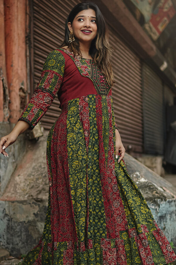 Red & Green Ajrakh Patch Anarkali with Diamond Yoke