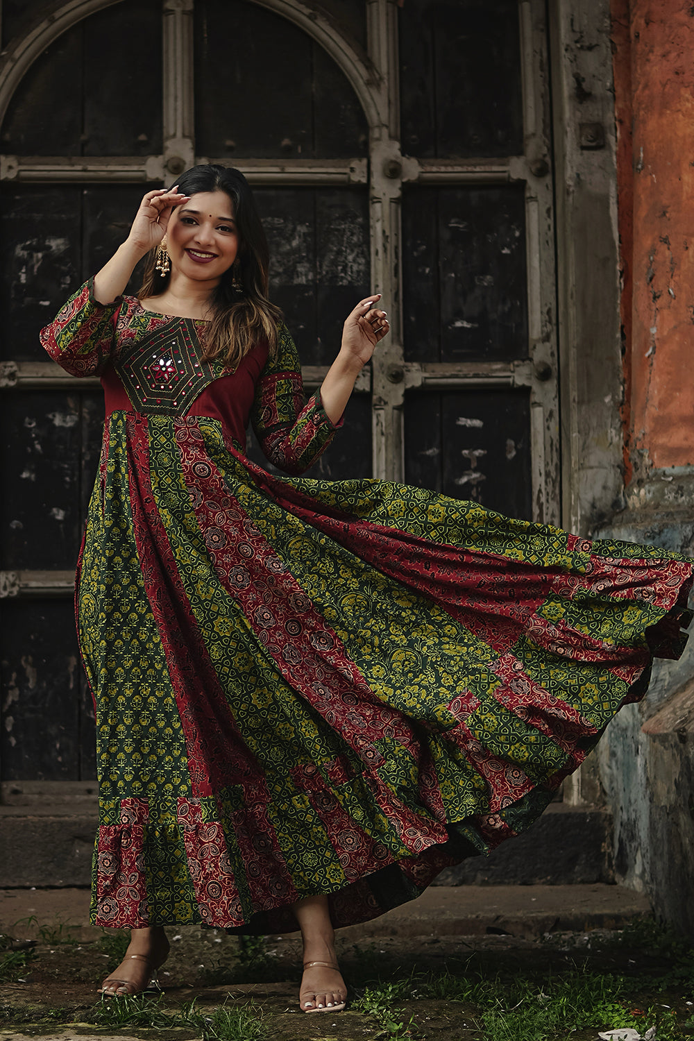 Red & Green Ajrakh Patch Anarkali with Diamond Yoke