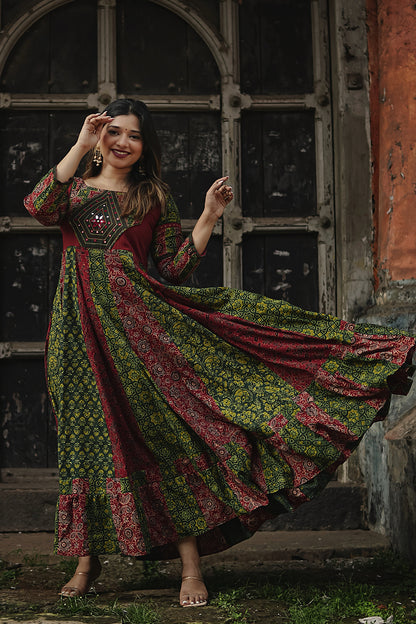 Red & Green Ajrakh Patch Anarkali with Diamond Yoke