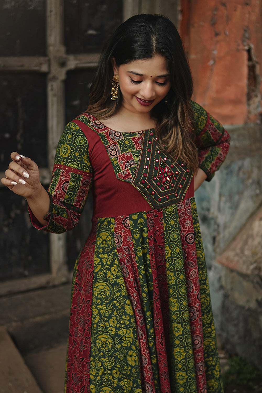 Red & Green Ajrakh Patch Anarkali with Diamond Yoke