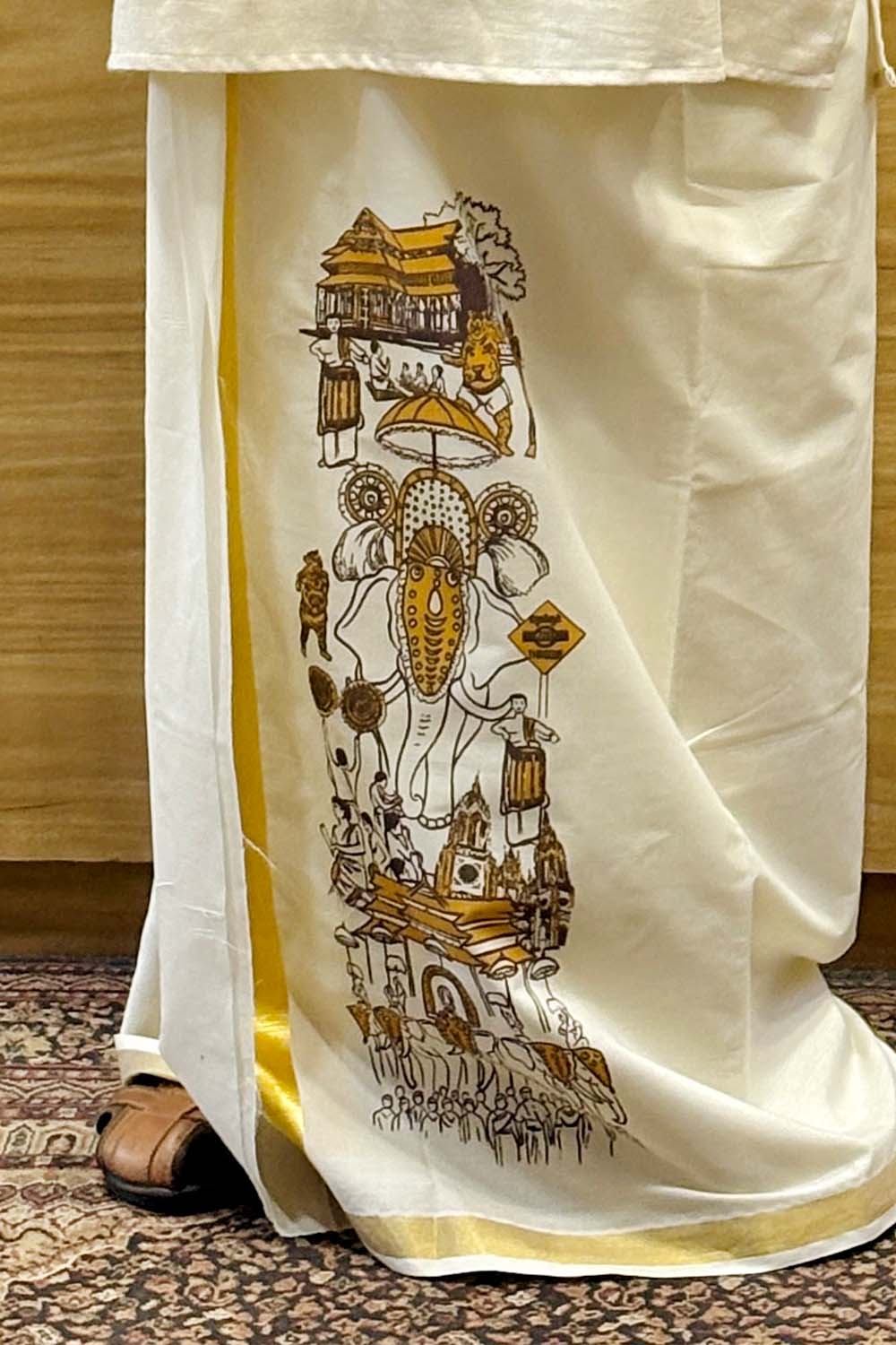 Offwhite Dhothi with Thrissur Pooram Print