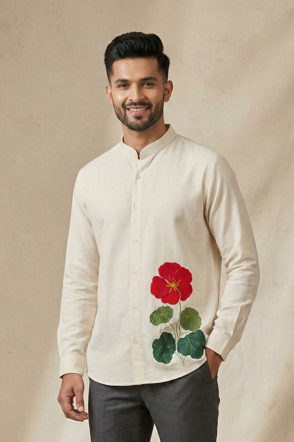 Offwhite Chinese Collar Applique Flower Shirt – Byhand