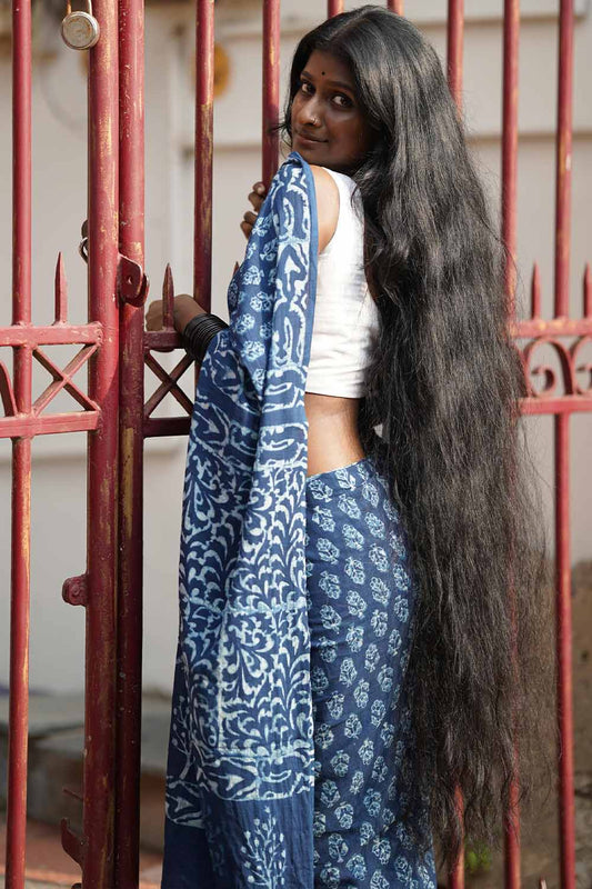 Indigo Mul Saree with Flower Print