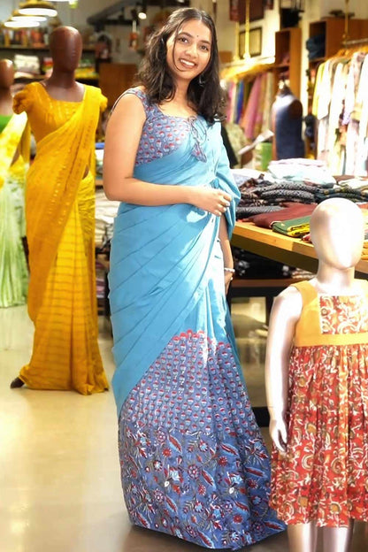 Sky Blue Sanganeri Scalloped Saree