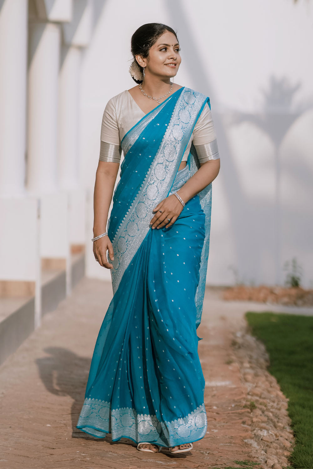 Banarasi Sky Blue Pure Silk Chiffon Saree
