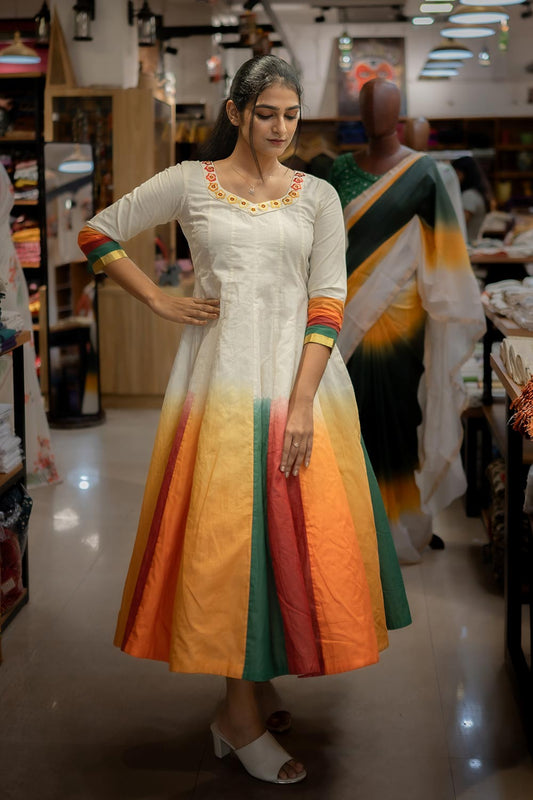 Offwhite Tie & Dye Anarkali with Embroidery on Neck