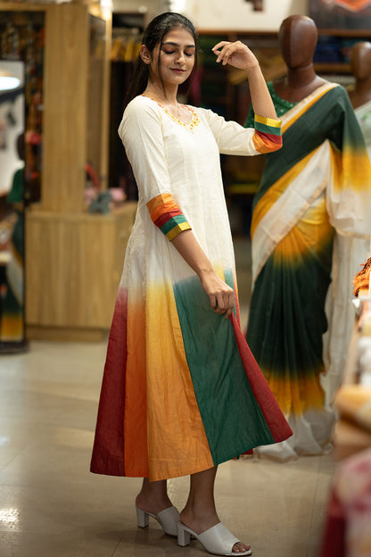 Offwhite Tie & Dye Anarkali with Embroidery on Neck