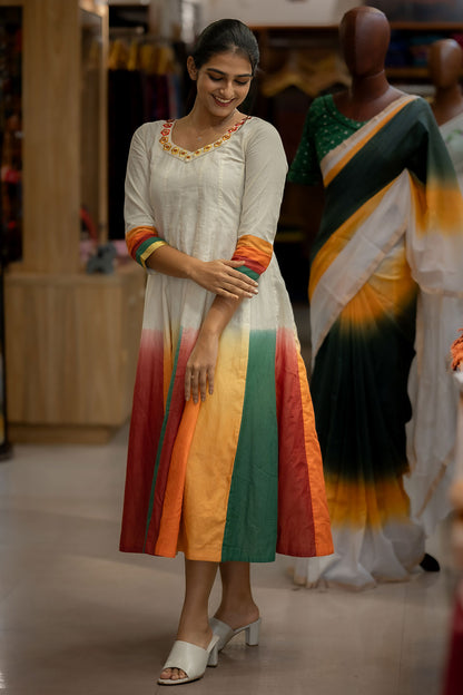 Offwhite Tie & Dye Anarkali with Embroidery on Neck