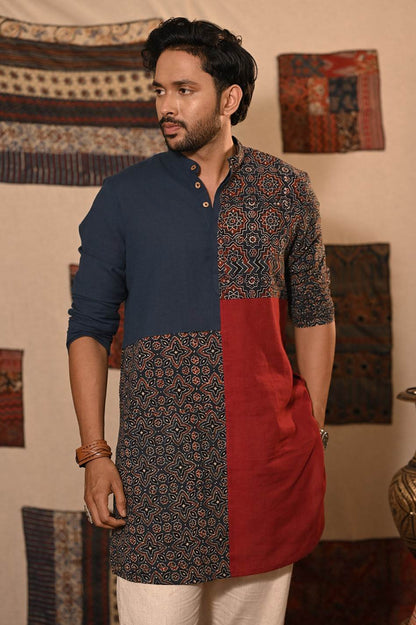Blue Red Plain & Patch Kurta