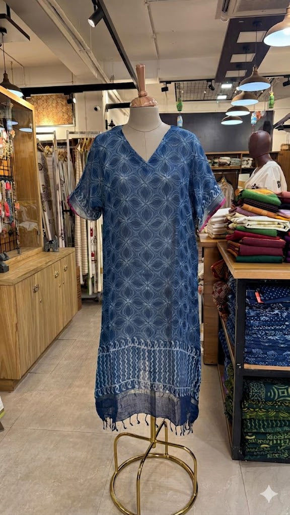 Blue Indigo Linen Flexi Fitted Dress with Mulcotton Slip