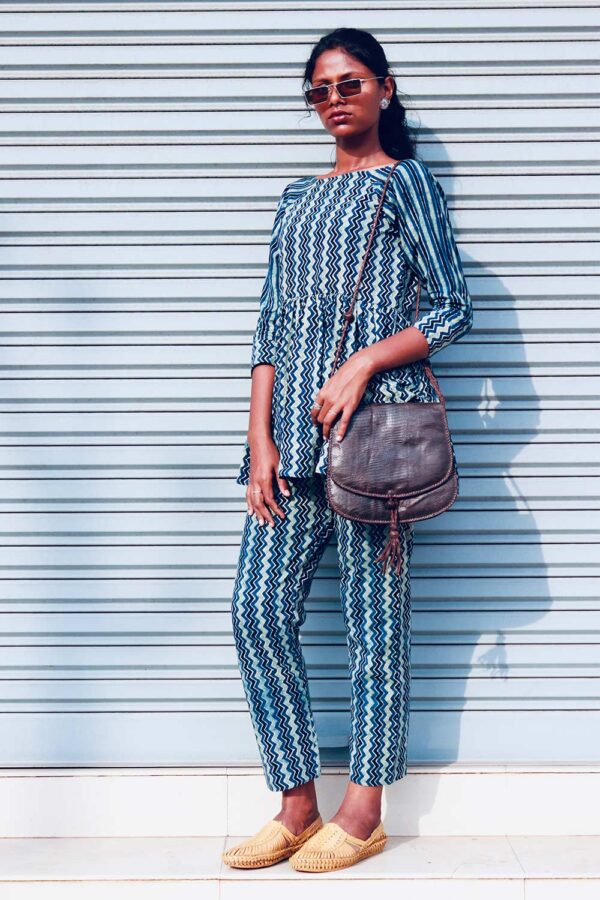 Blue & Green Ajrakh Zigzag Pants