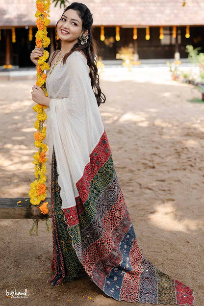 Off White Scallop Saree with Ajrakh Multi Patch