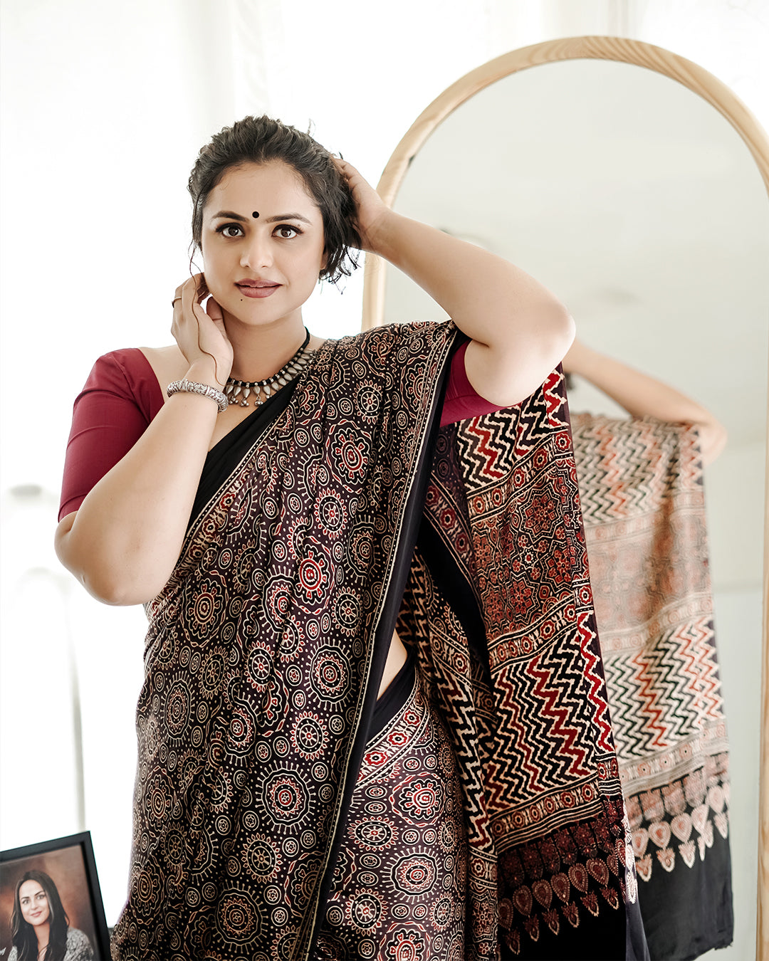 Brown Base Handblock Printed Ajrakh Modal Silk Saree.