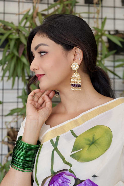 Kerala Saree with Golden Border & Handpainted Blue Water Lily
