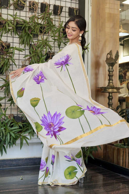 Kerala Saree with Golden Border & Handpainted Blue Water Lily