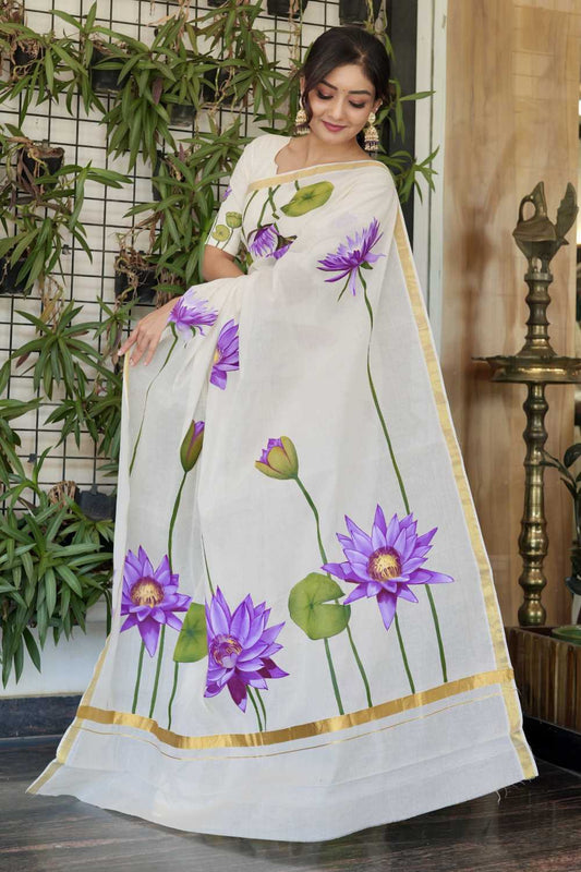 Kerala Saree with Golden Border & Handpainted Blue Water Lily