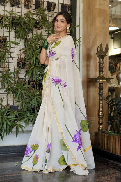 Kerala Saree with Golden Border & Handpainted Blue Water Lily