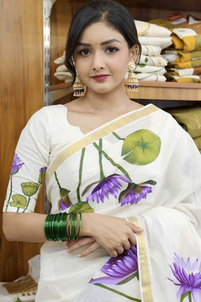 Kerala Saree with Golden Border & Handpainted Blue Water Lily