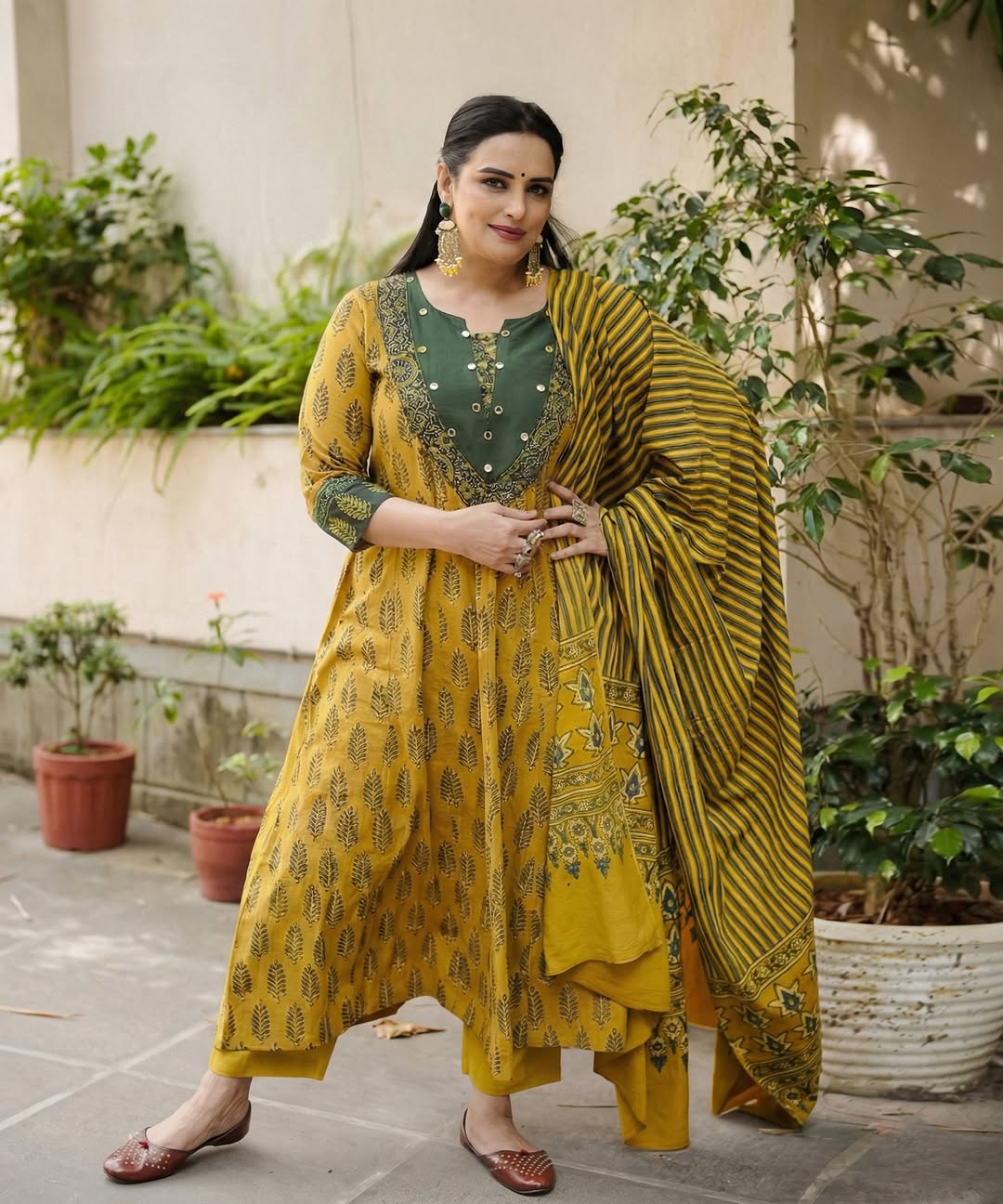 Yellow Ajrakh Leaf Printed Anarkali