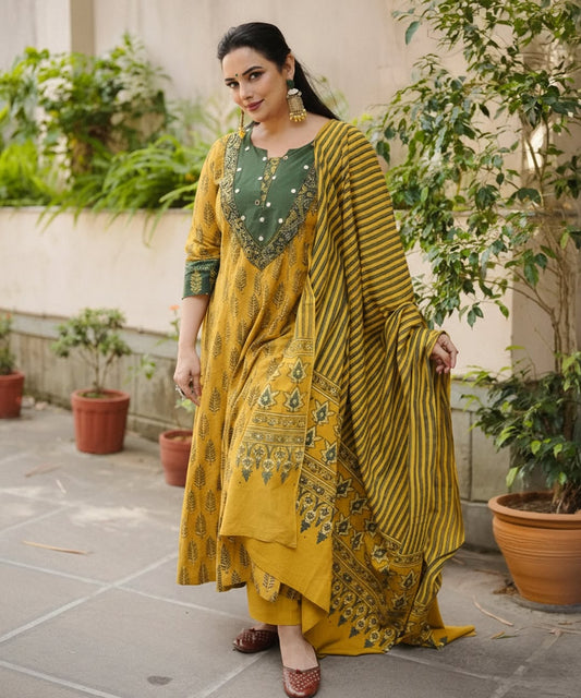 Yellow Ajrakh Leaf Printed Anarkali